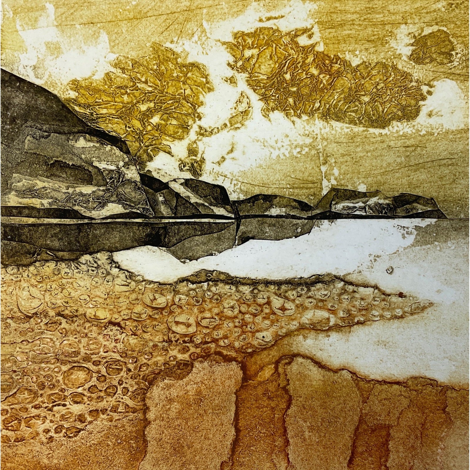 Honeycomb Coast, collagraph by Sarah Ross-Thompson, available at Padstow Gallery, Cornwall