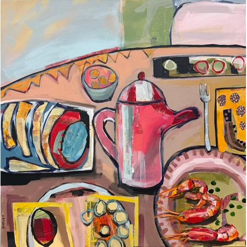 Thanks I'll Eat It Here, mixed media painting by Sara Huxley available at Padstow Gallery, Cornwall