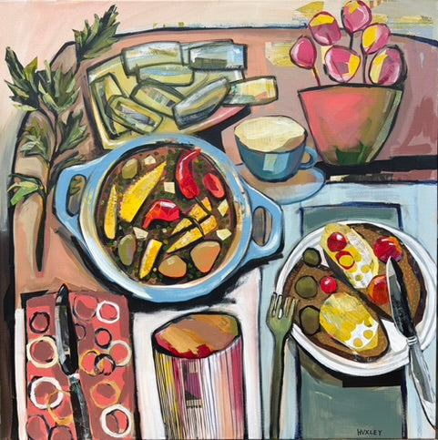 Tonight's The Night, mixed media painting by Sara Huxley available at Padstow Gallery, Cornwall
