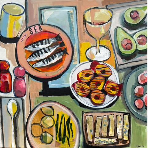 Eat The Sea, mixed media painting by Sara Huxley available at Padstow Gallery, Cornwall