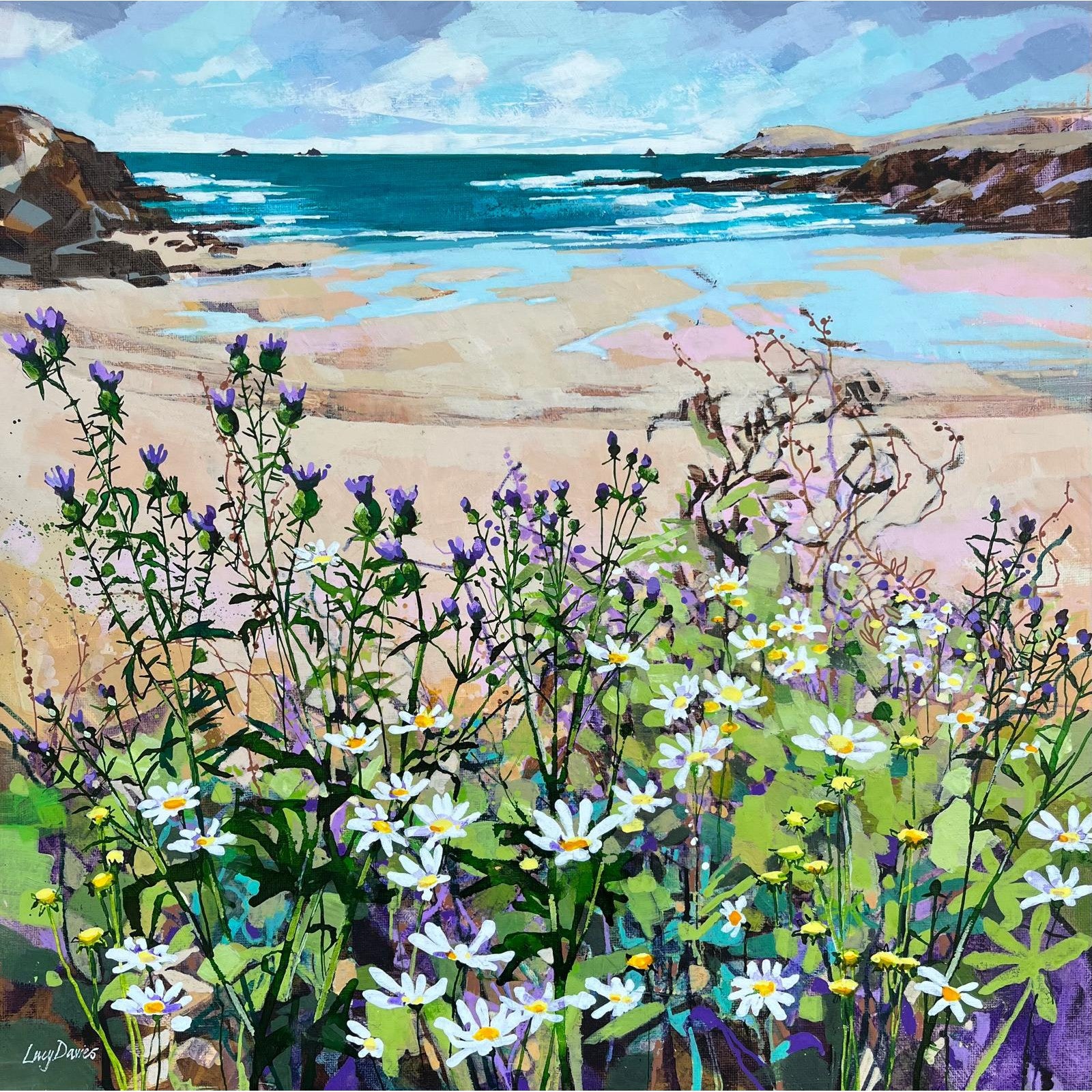 “Ox eye daisies at Treyarnon” by Lucy Davies available at Padstow Gallery, Cornwall