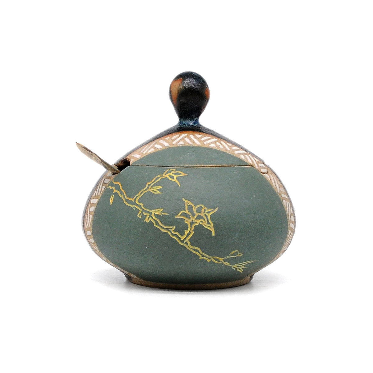 MK64 Lidded Jar Yellow Birch with Vintage Spoon By Miae Kim ceramics available at Padstow Gallery, Cornwall