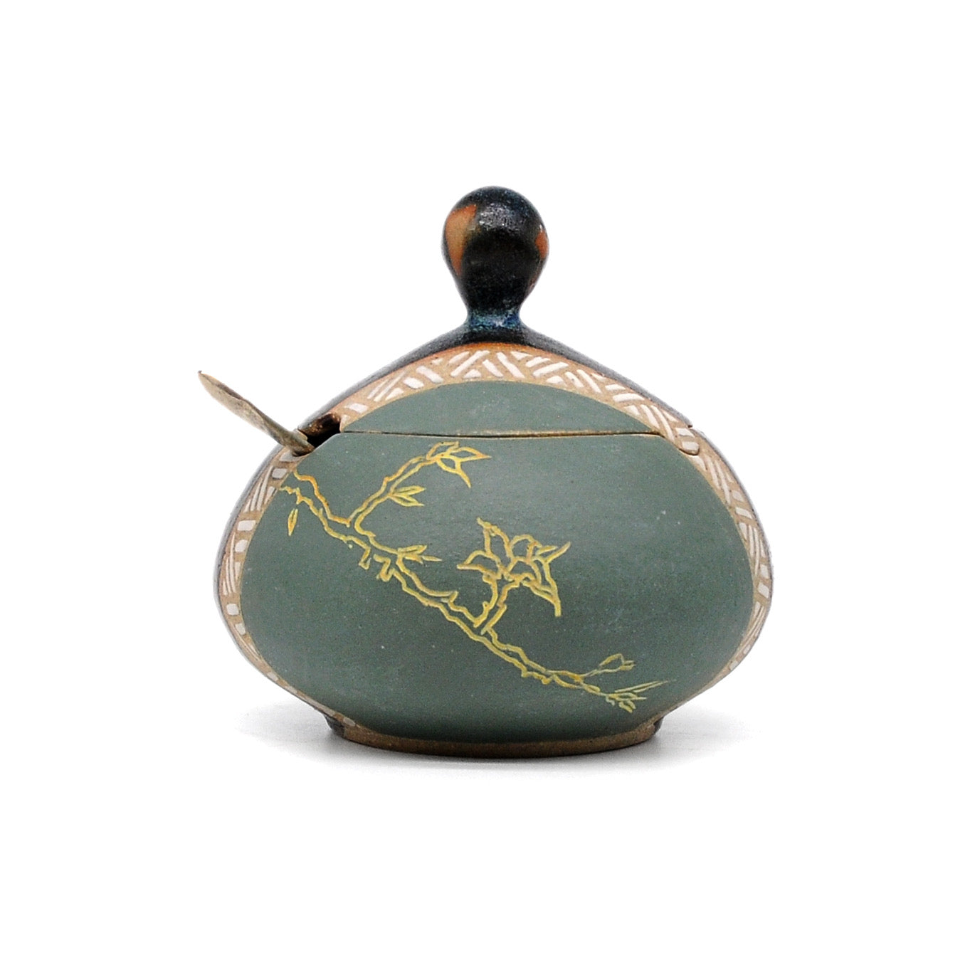 MK64 Lidded Jar Yellow Birch with Vintage Spoon By Miae Kim ceramics available at Padstow Gallery, Cornwall
