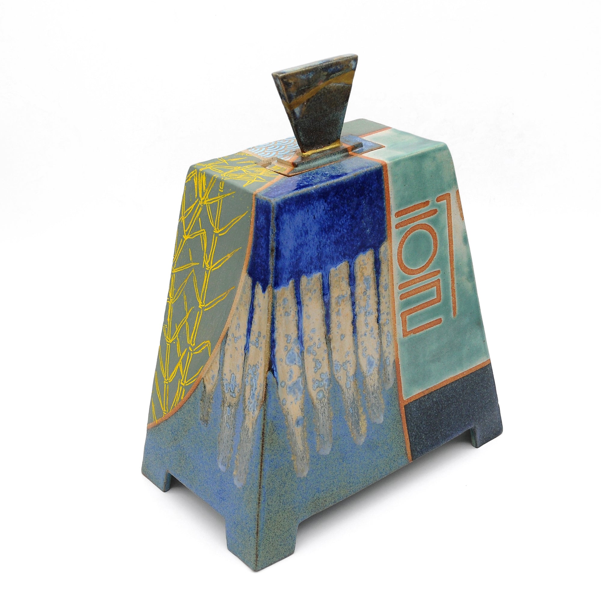 MK48 Box Pyramid with brass kintsugi By Miae Kim ceramics available at Padstow Gallery, Cornwall