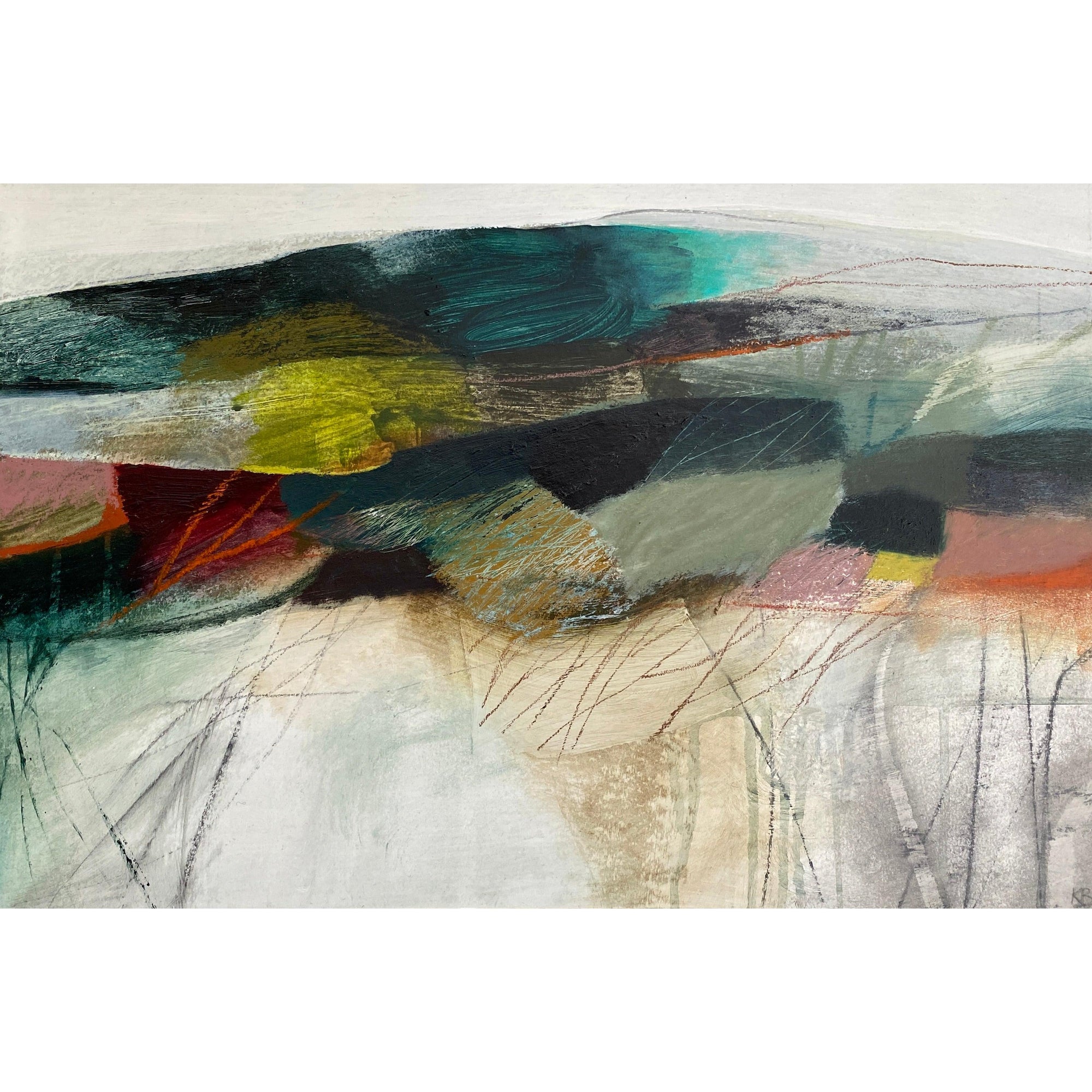 Lie of the Land 4 , mixed media by Karen Birchwood, available from Padstow Gallery, Cornwall