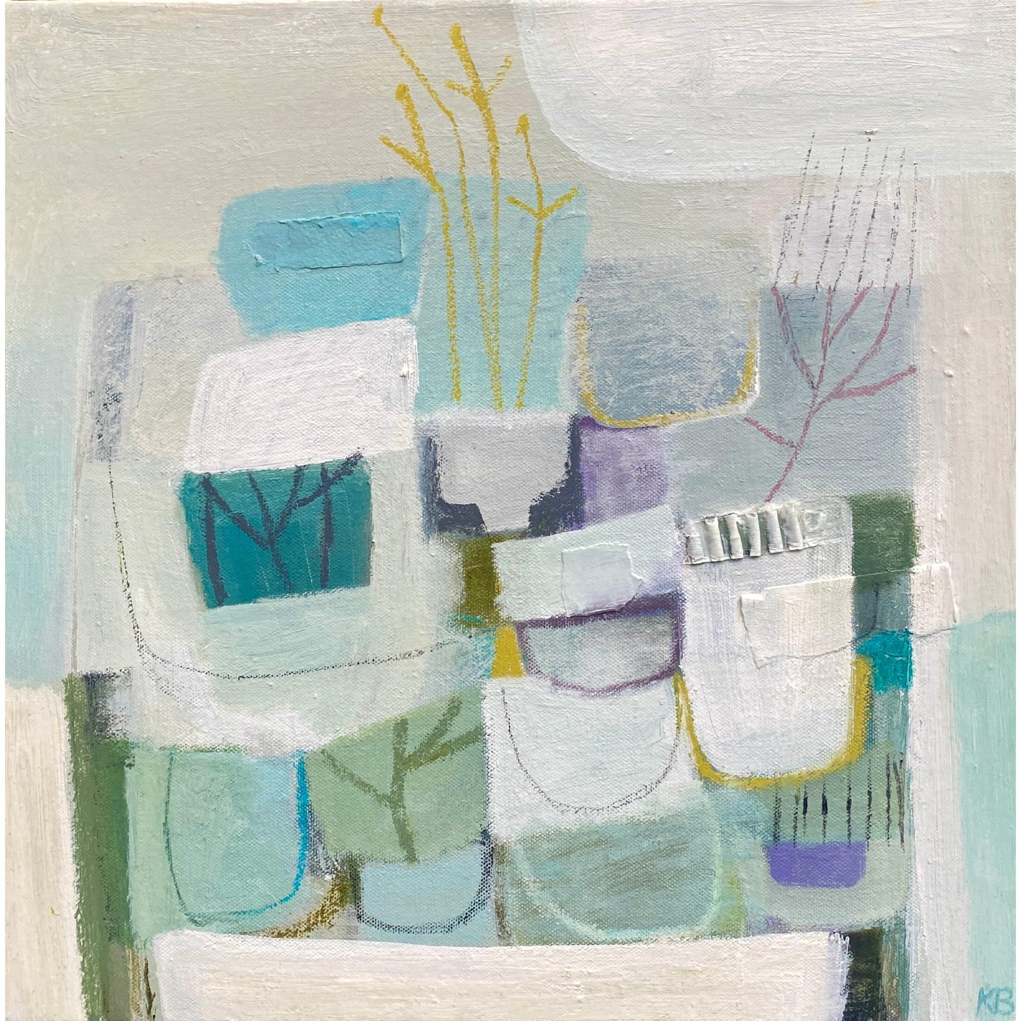 Cool Green and Blue Table, mixed media & collage by Karen Birchwood, available from Padstow Gallery, Cornwall