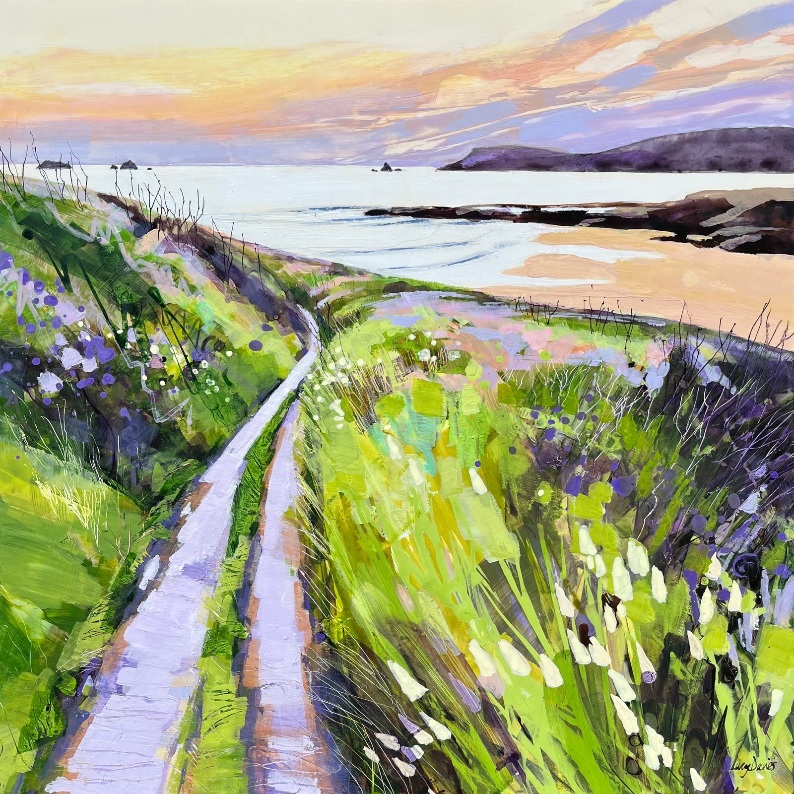 'Sunset Walk, Treyarnon' acrylic original by Lucy Davies, available at Padstow Gallery, Cornwall