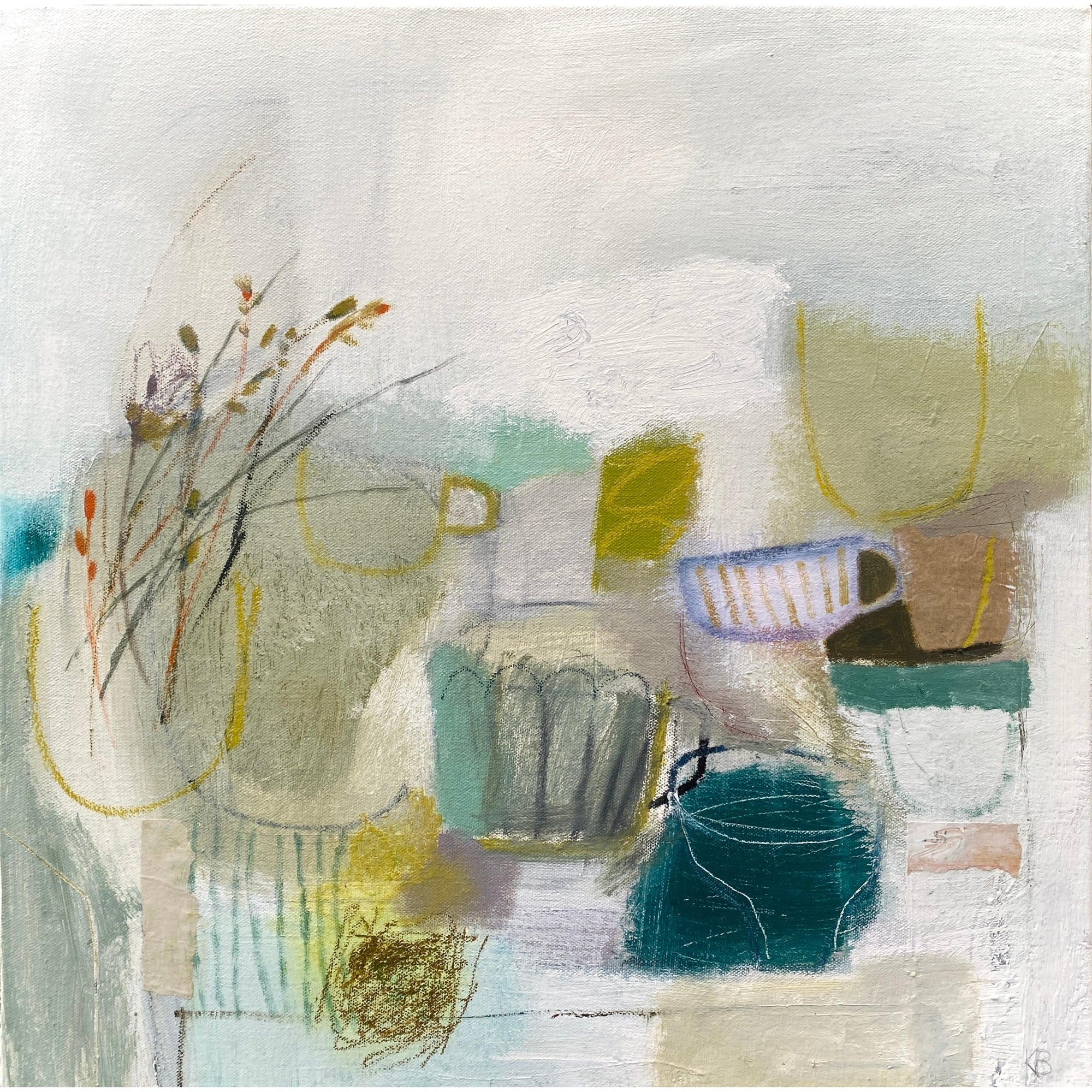 Table Collection 2, mixed media & collage by Karen Birchwood, available from Padstow Gallery, Cornwall