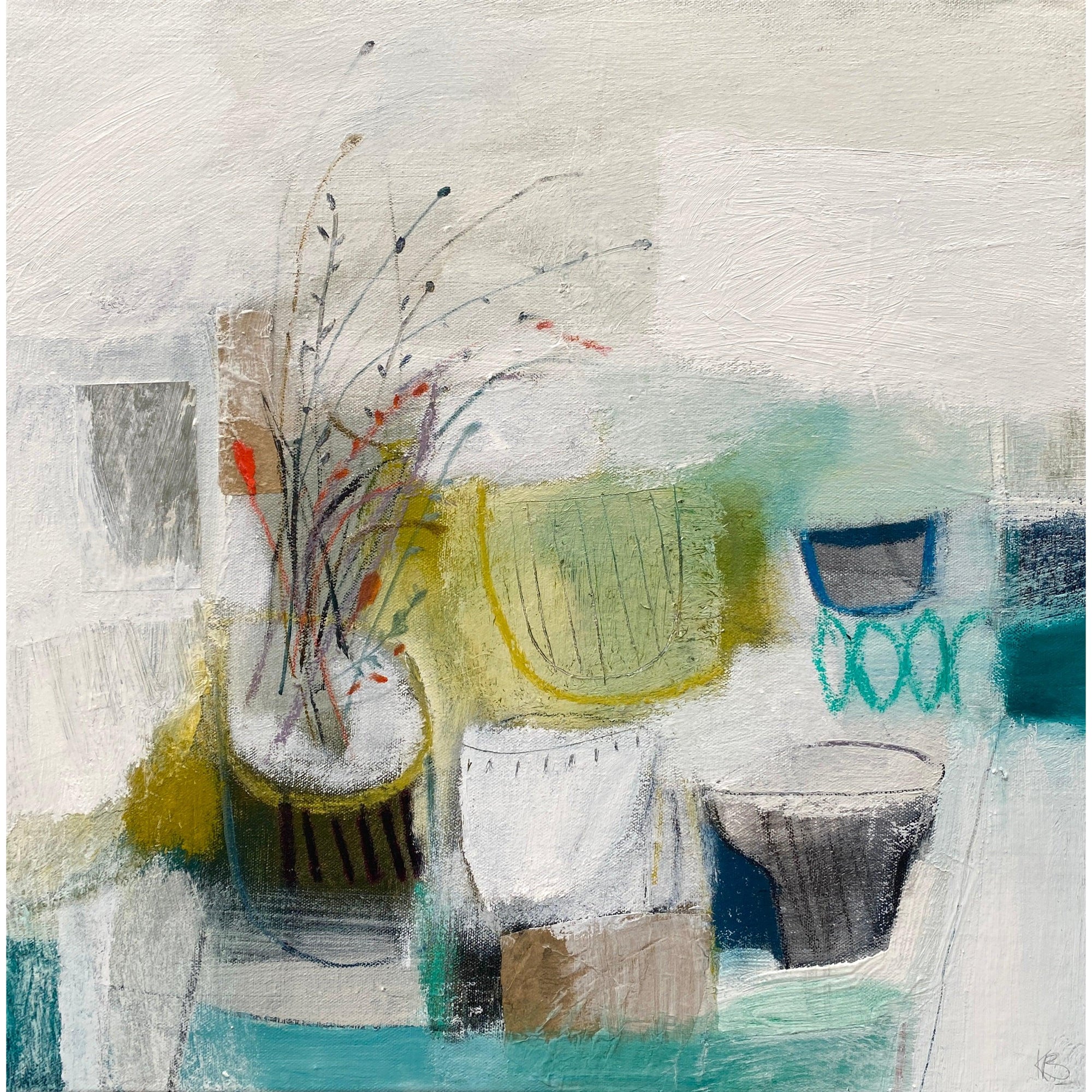Table Collection 4, mixed media & collage by Karen Birchwood, available from Padstow Gallery, Cornwall