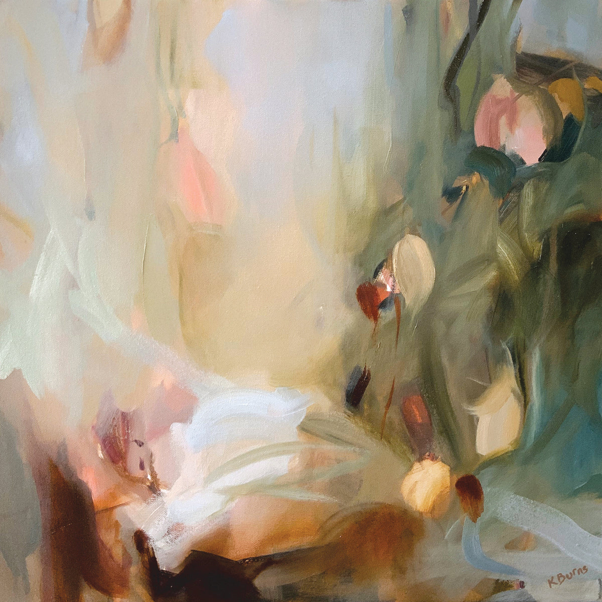 Ivy Gate by Kate Burns. Abstract painting with soft, pastel colours and blurred forms
