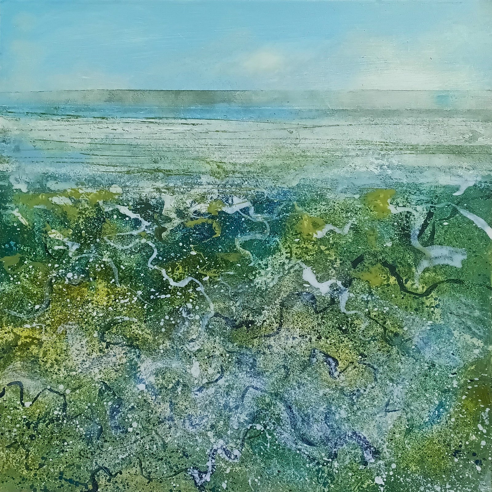 An abstract landscape painting depicting a seascape with textured brushstrokes in shades of blue, green, yellow, and white, representing ocean waves and water.