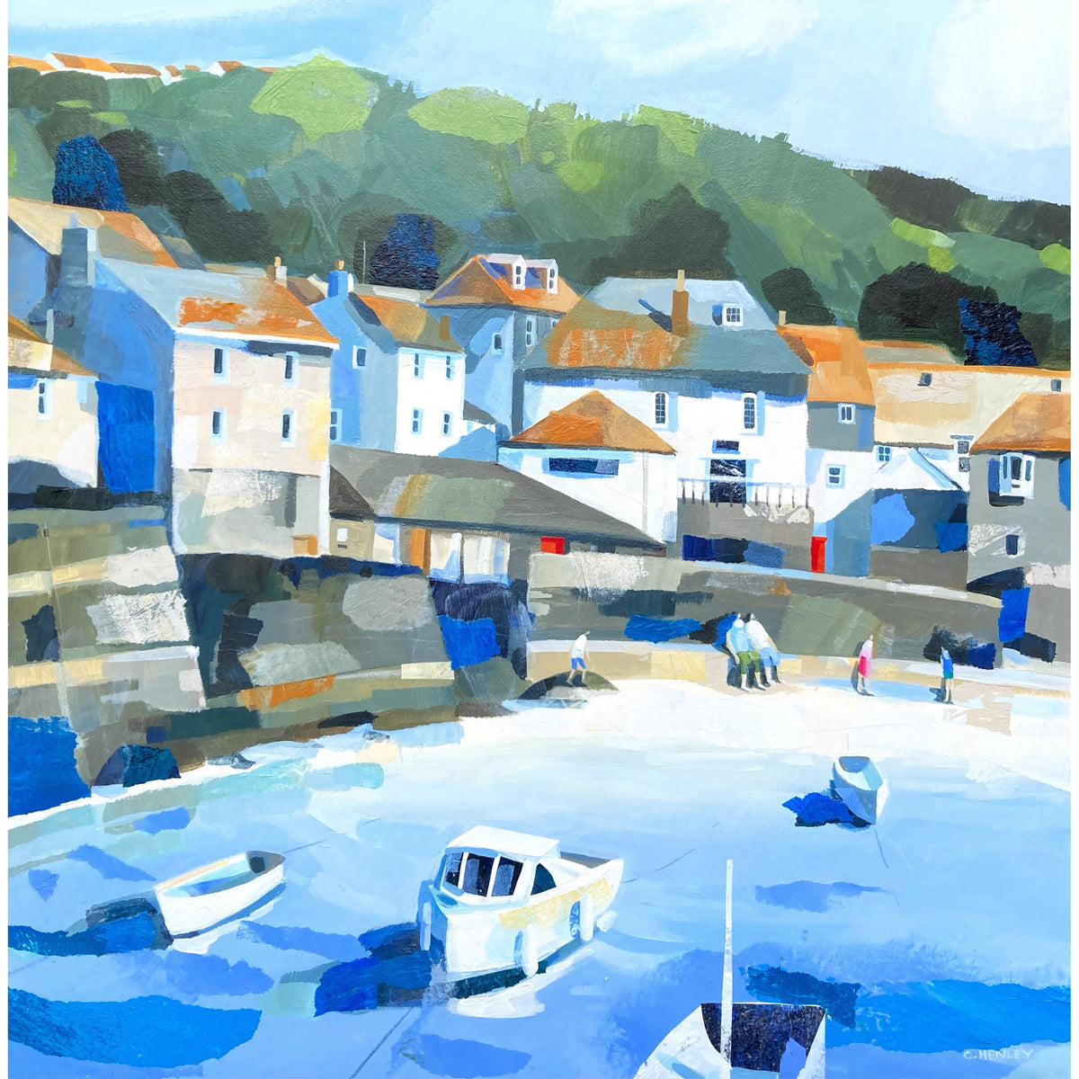 &#39;Let&#39;s Sit For A While, Port Isaac&#39; a mixed media original by Claire Henley, available at Padstow Gallery, Cornwall