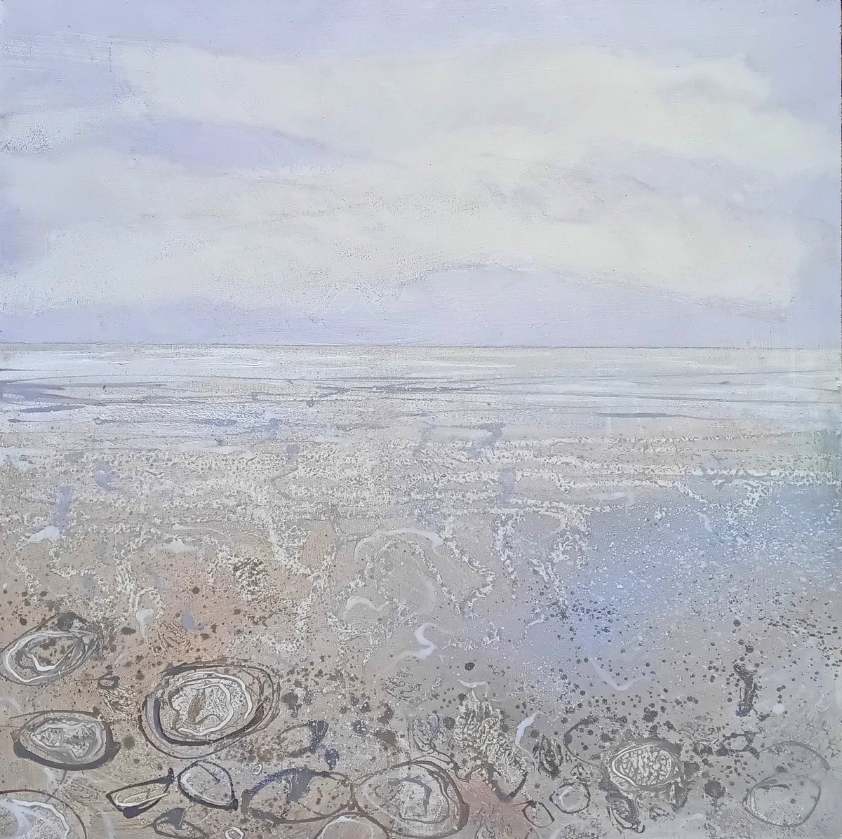 An abstract landscape painting depicting a flat, desolate coastal or marshy scene with a pale sky, muted water, and circular textured formations in the foreground.