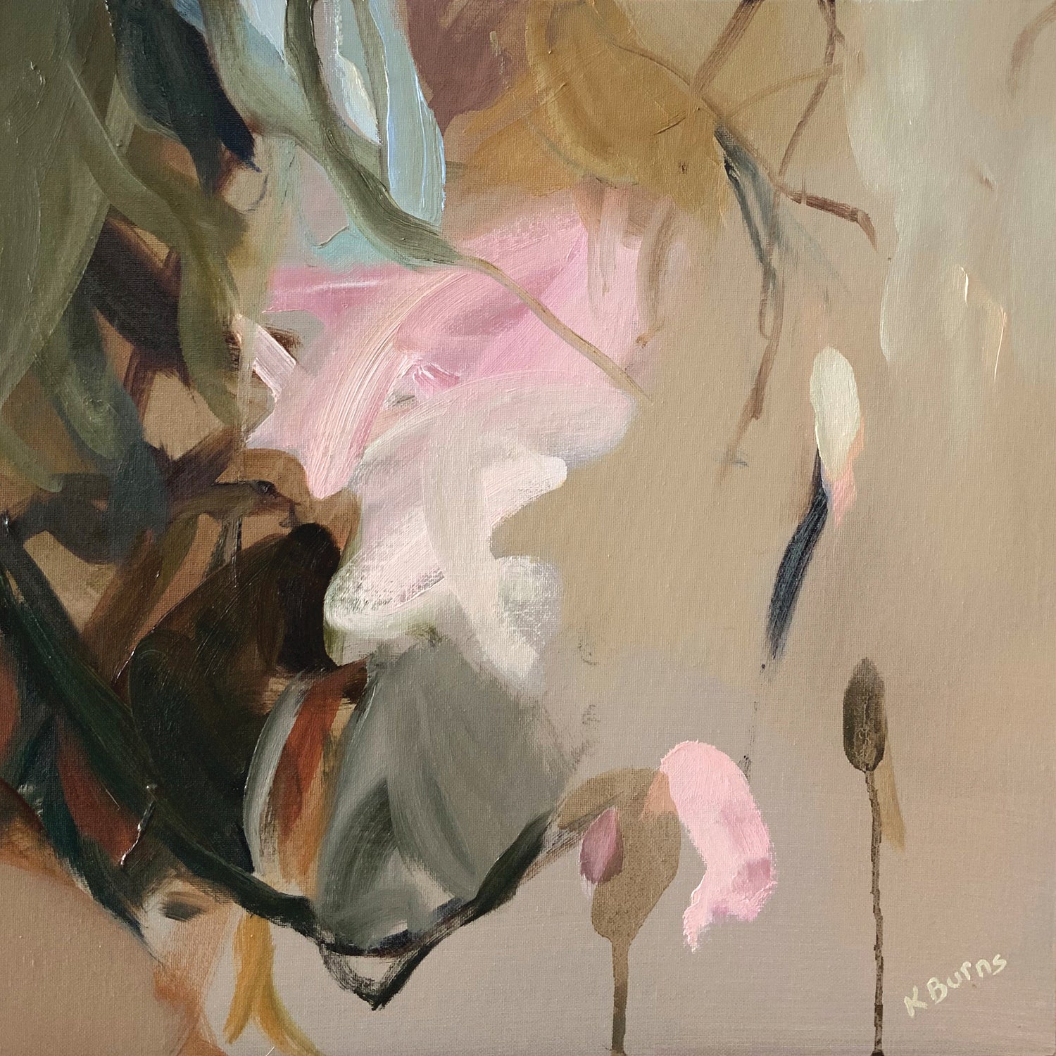 Petals by Kate Burns. Framed abstract art print with soft colours on a beige background