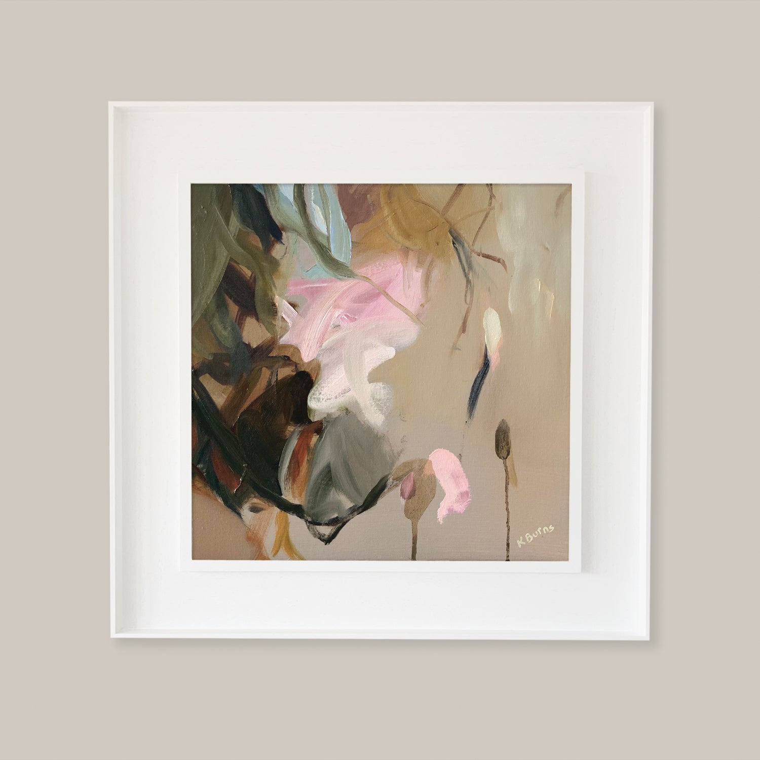 Petals by Kate Burns. Framed abstract art print with soft colours on a beige background