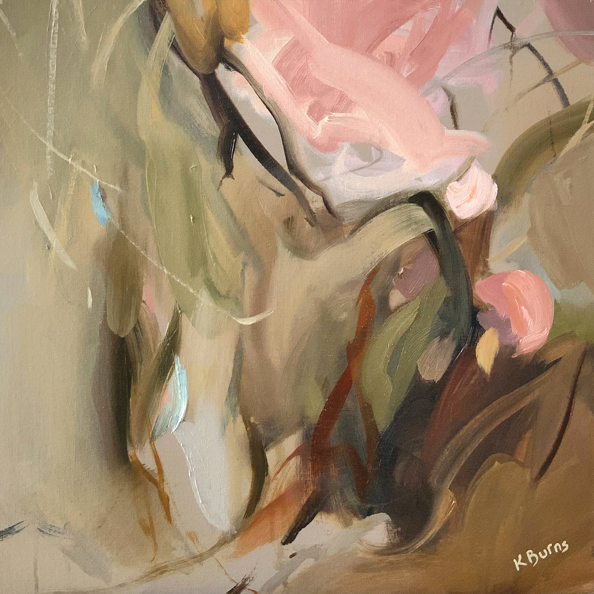 Pompom by Kate Burns. Abstract painting of pink flowers and green leaves on a beige background