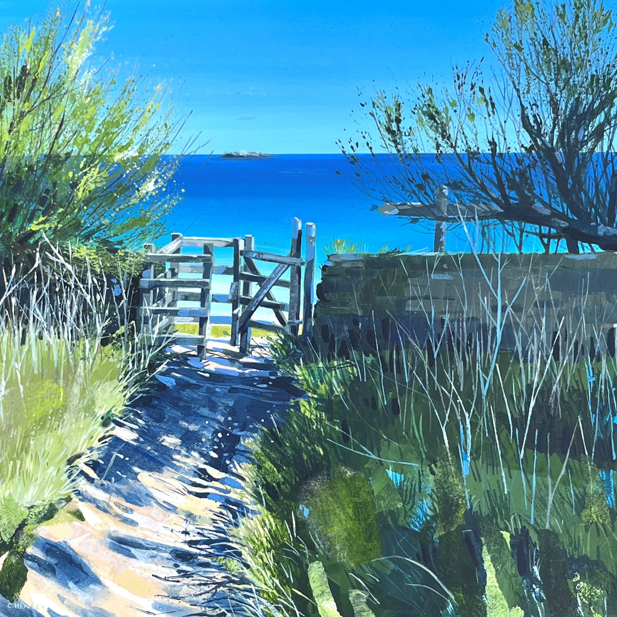 Path around Trevose Head mixed media painting by Claire Henley available at Padstow Gallery, Cornwall