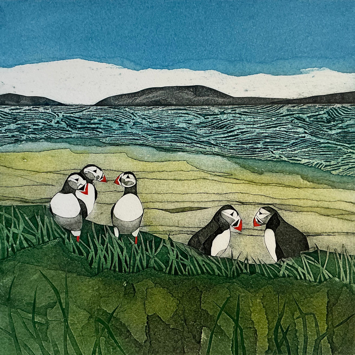 Prattling Puffins, collagraph by Sarah Ross-Thompson, available at Padstow Gallery, Cornwall