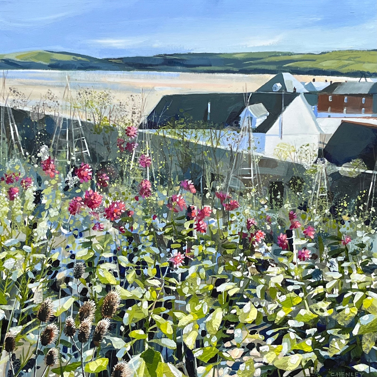 Prideaux Walled Garden mixed media original by Claire Henley, available at Padstow Gallery, Cornwall