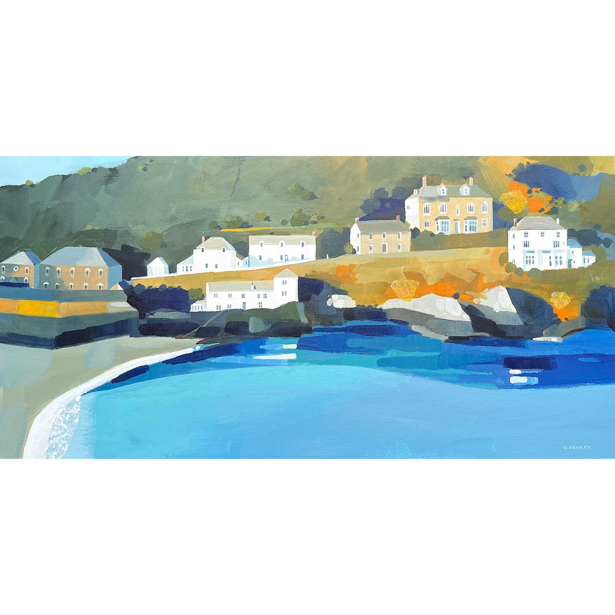 &#39;Roscarrock Hill, Port Isaac&#39; a mixed media original by Claire Henley, available at Padstow Gallery, Cornwall