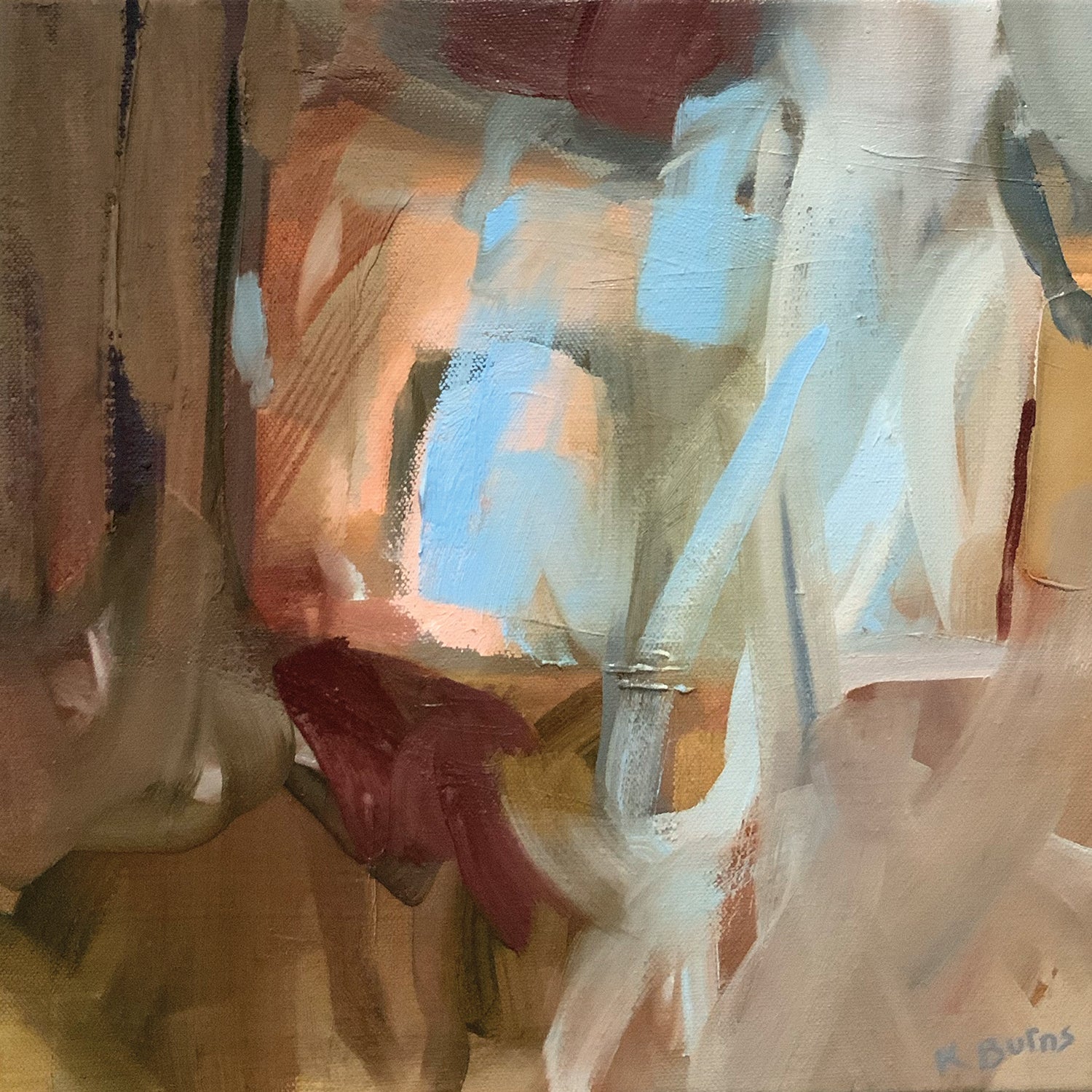 Salty Cove by Kate Burns. Framed abstract artwork with soft pastel colours on a light grey background