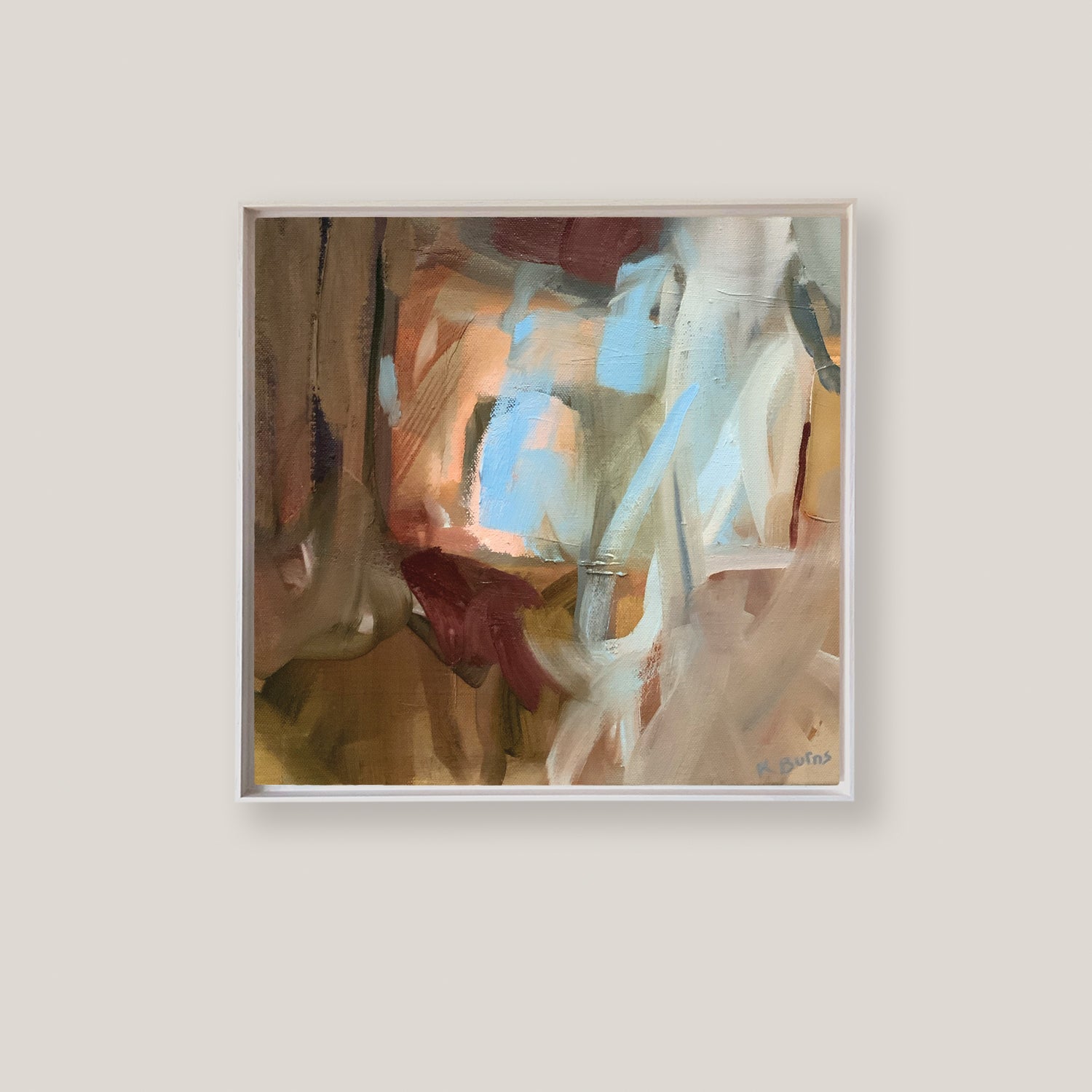 Salty Cove by Kate Burns. Framed abstract artwork with soft pastel colours on a light grey background