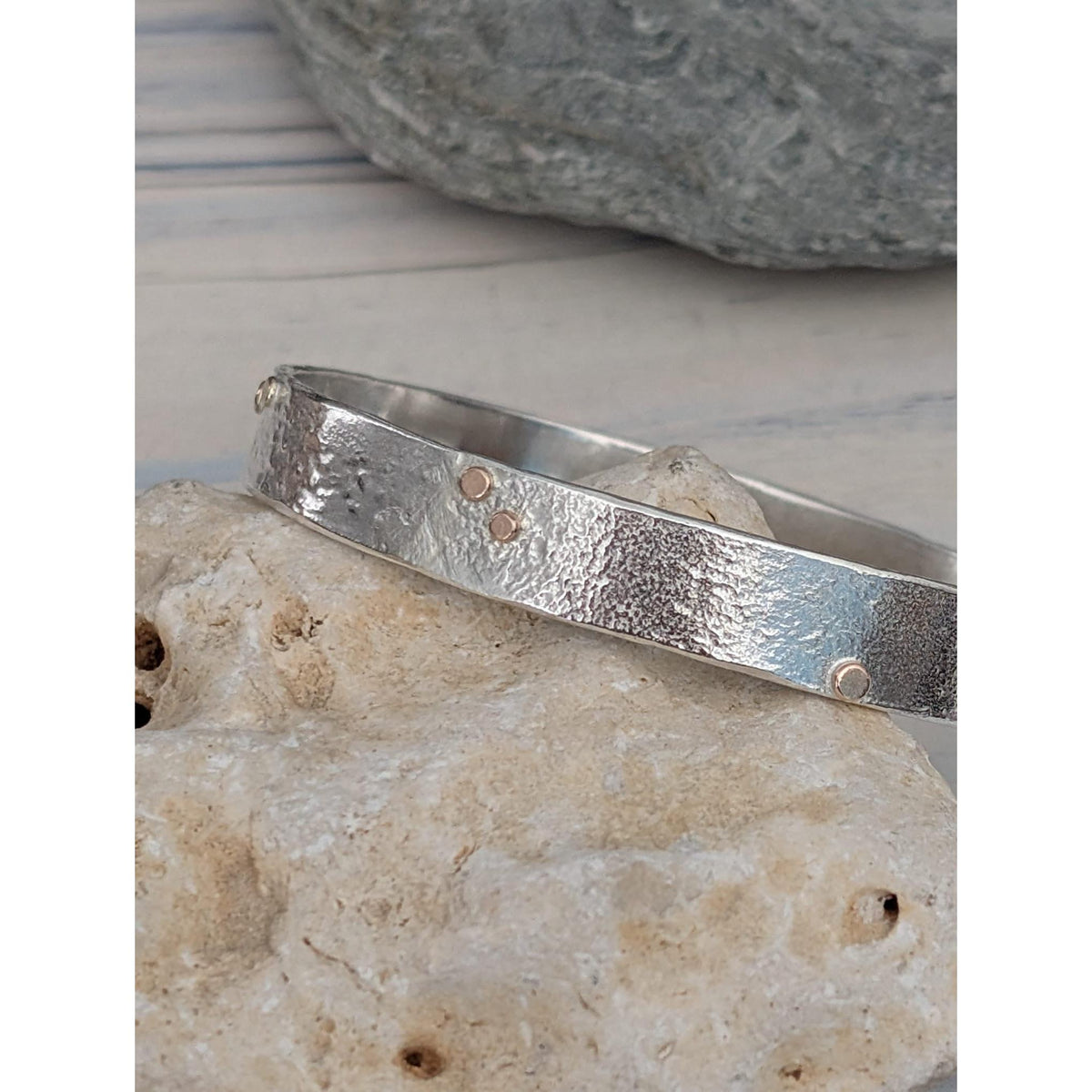 SA B40 Organic Silver Bangle with 9ct Flattened Gold Granules by Sandra Austin jewellery, available Padstow Gallery, Cornwall