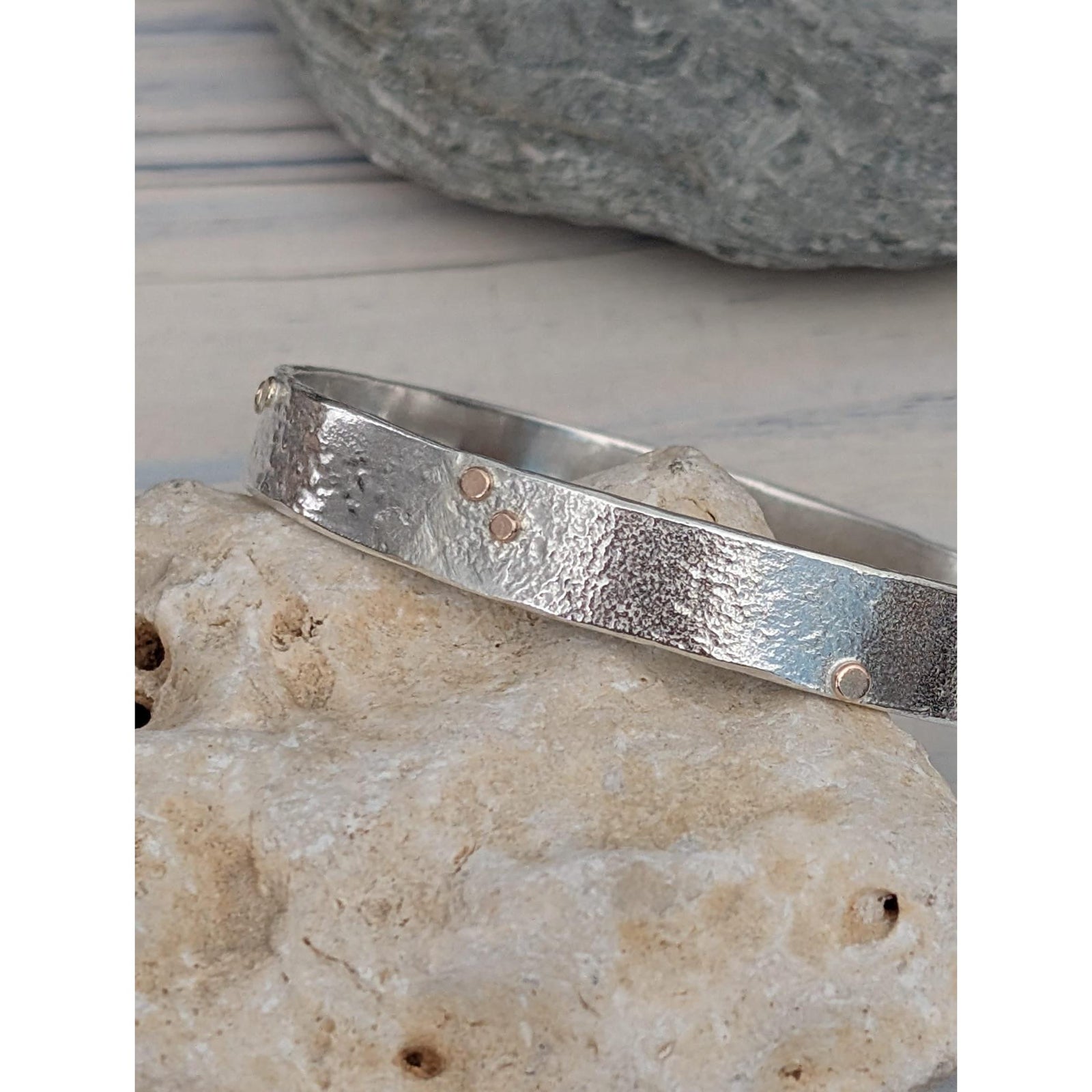 SA B40 Organic Silver Bangle with 9ct Flattened Gold Granules by Sandra Austin jewellery, available Padstow Gallery, Cornwall