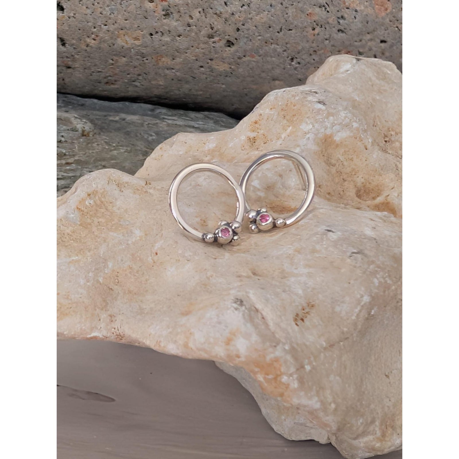 SA Ea333 small hoop studs with pink tourmaline by Sandra Austin jewellery, available at Padstow Gallery, Cornwall