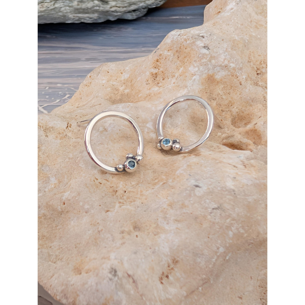 SA Ea334 small hoop studs with aquamarine by Sandra Austin jewellery, available at Padstow Gallery, Cornwall