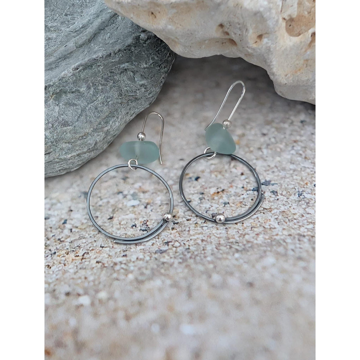 SA Ea342 drop hoop earrings with sea glass by Sandra Austin jewellery, available at Padstow Gallery, Cornwall