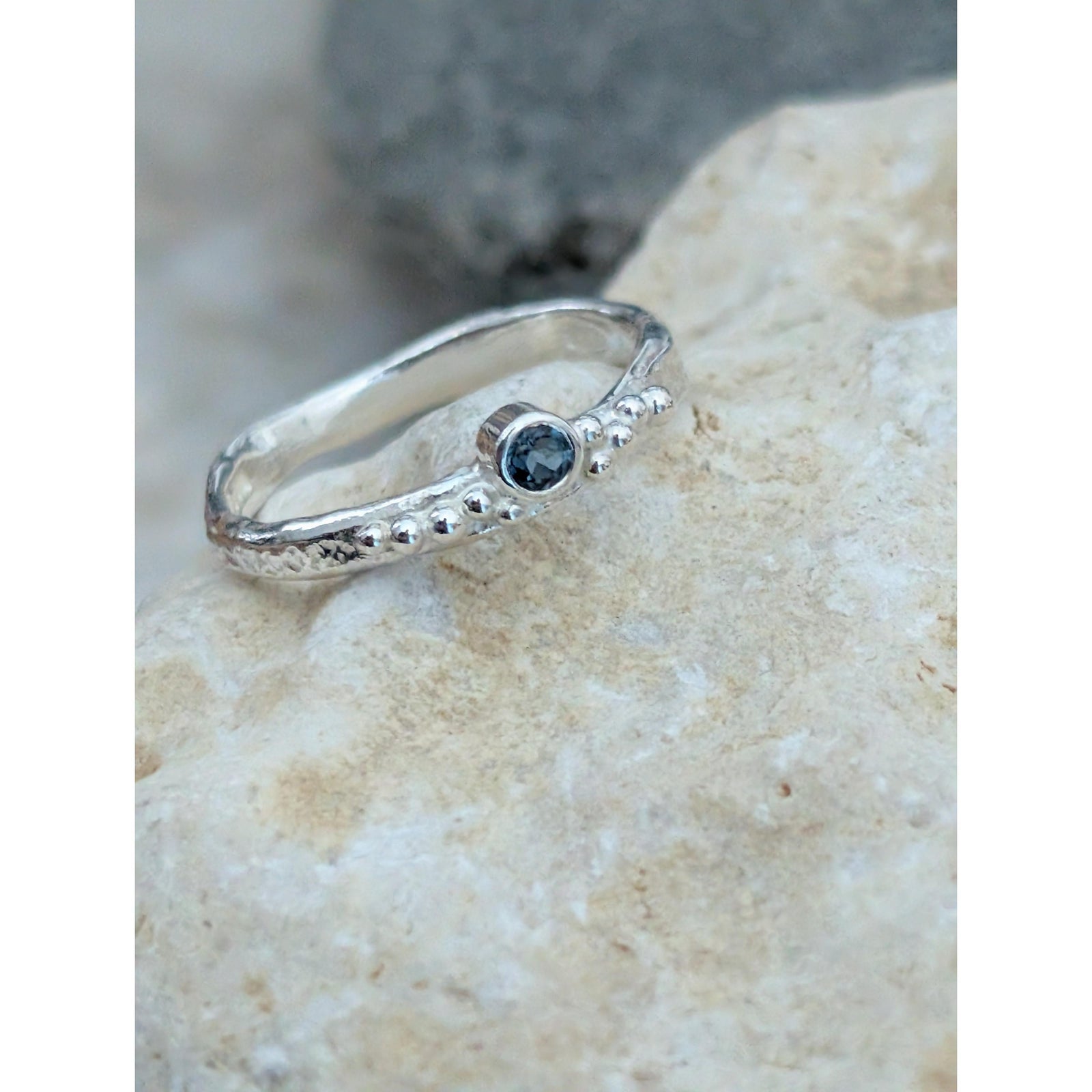 SA R73 Offset Solver Ring with London Blue Topaz, Size M, by Sandra Austin jewellery, available at Padstow Gallery, Cornwall