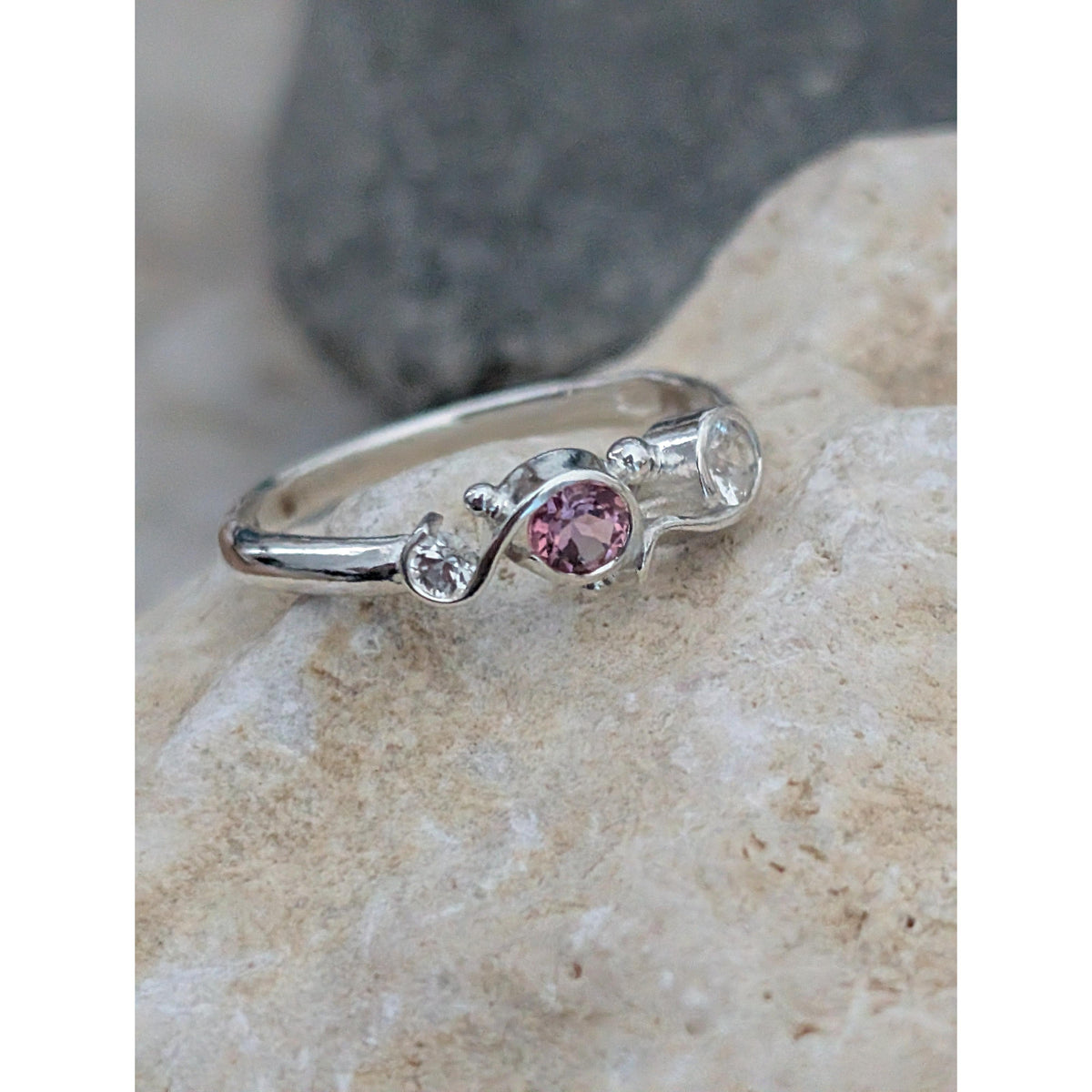 SA R76 Silver Ring with Pink Tourmaline and White Sapphires, Size N 1/2, by Sandra Austin jewellery, available at Padstow Gallery, Cornwall
