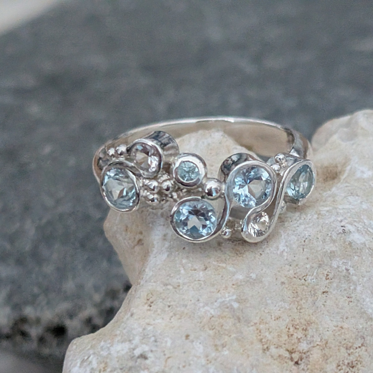 SA R77 Silver Ring with Topaz and White Sapphires, Size P 1/2 by Sandra Austin jewellery, available at Padstow Gallery, Cornwall