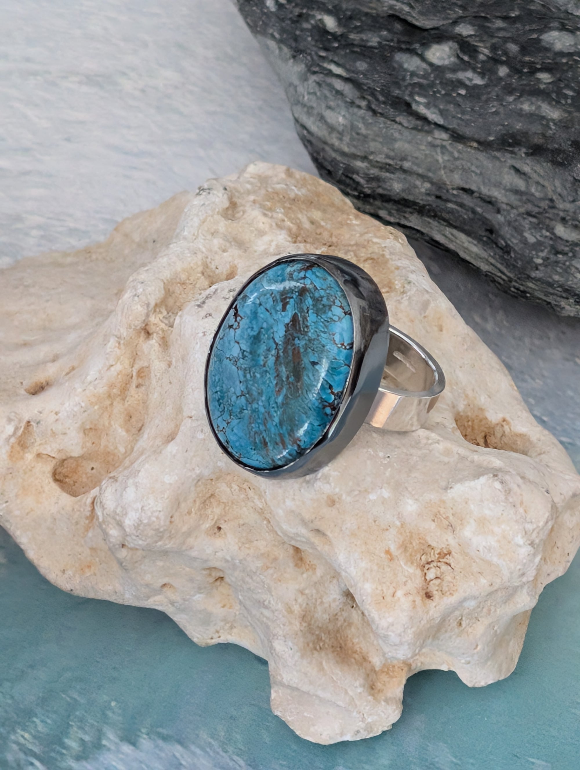 SA R56 Silver Turquoise Ring Size O by Sandra Austin available at Padstow Gallery Cornwall