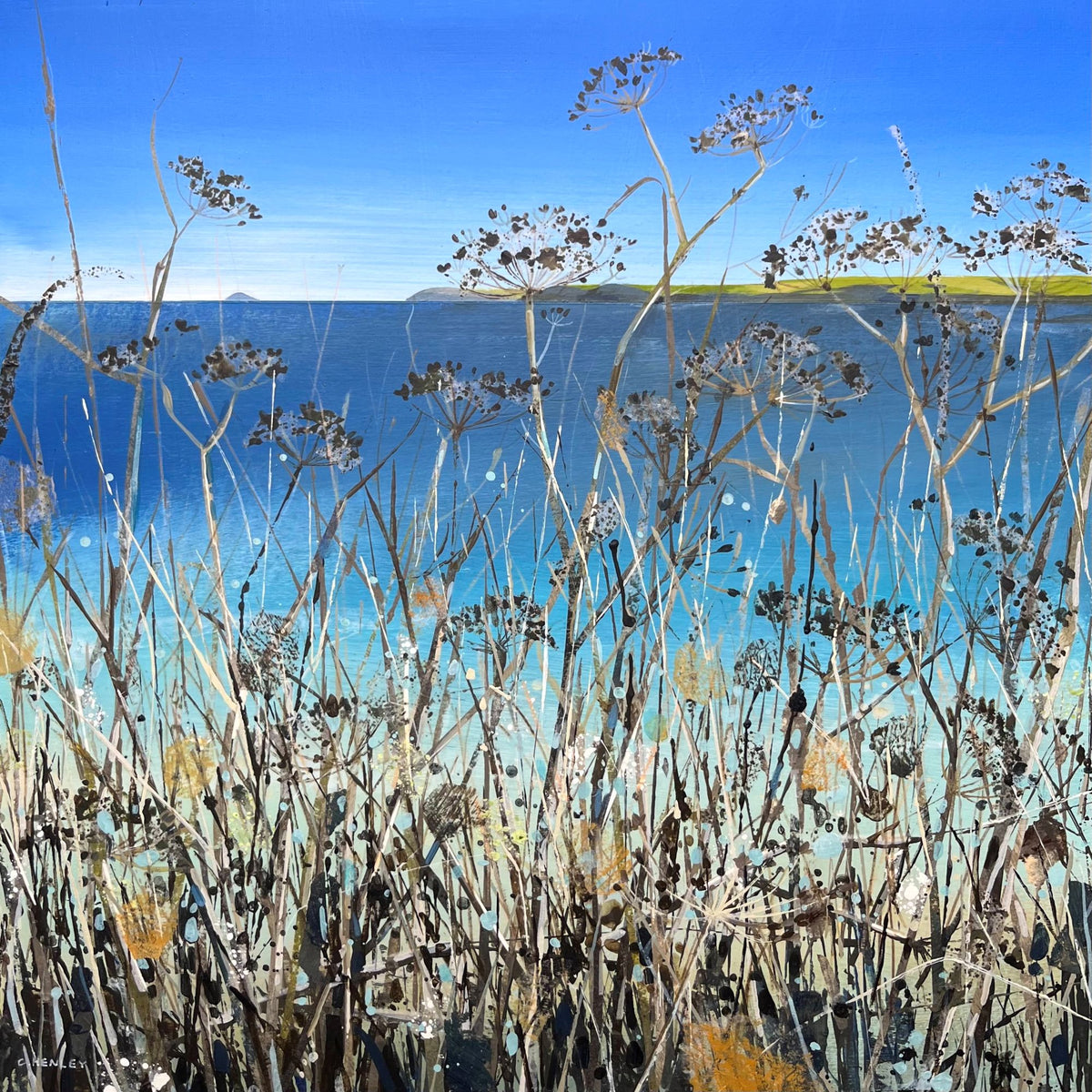 Seedheads on the South West Coast Path mixed media painting by Claire Henley available at Padstow Gallery, Cornwall