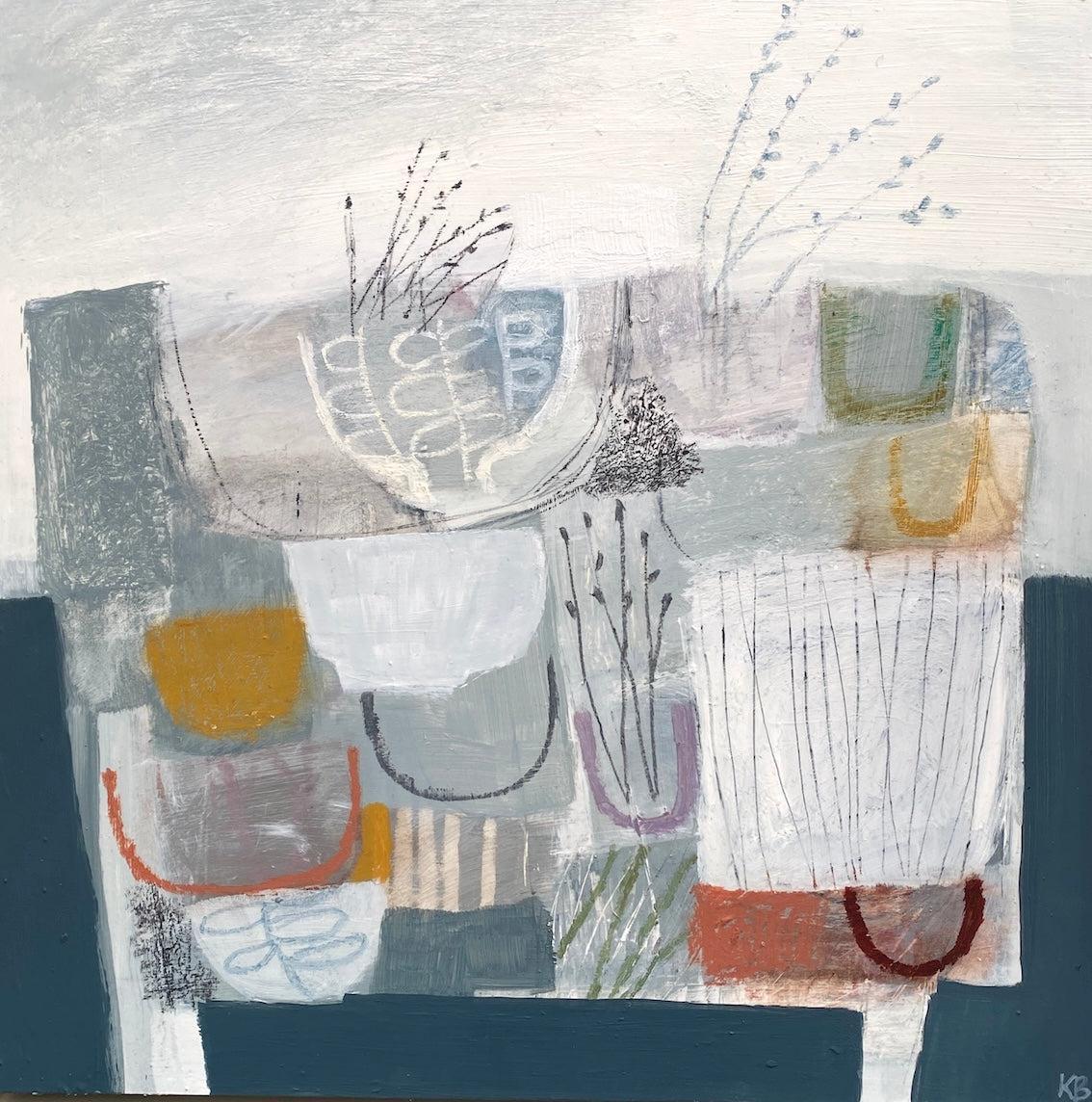 Stems and Jars 3, mixed media & collage by Karen Birchwood, available from Padstow Gallery, Cornwall