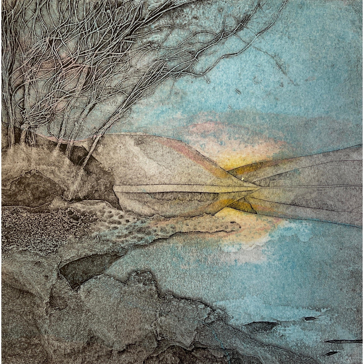Still Dawn, collagraph by Sarah Ross-Thompson, available at Padstow Gallery, Cornwall