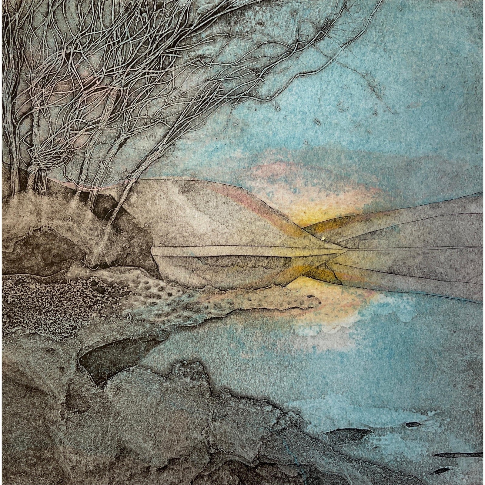 Still Dawn, collagraph by Sarah Ross-Thompson, available at Padstow Gallery, Cornwall