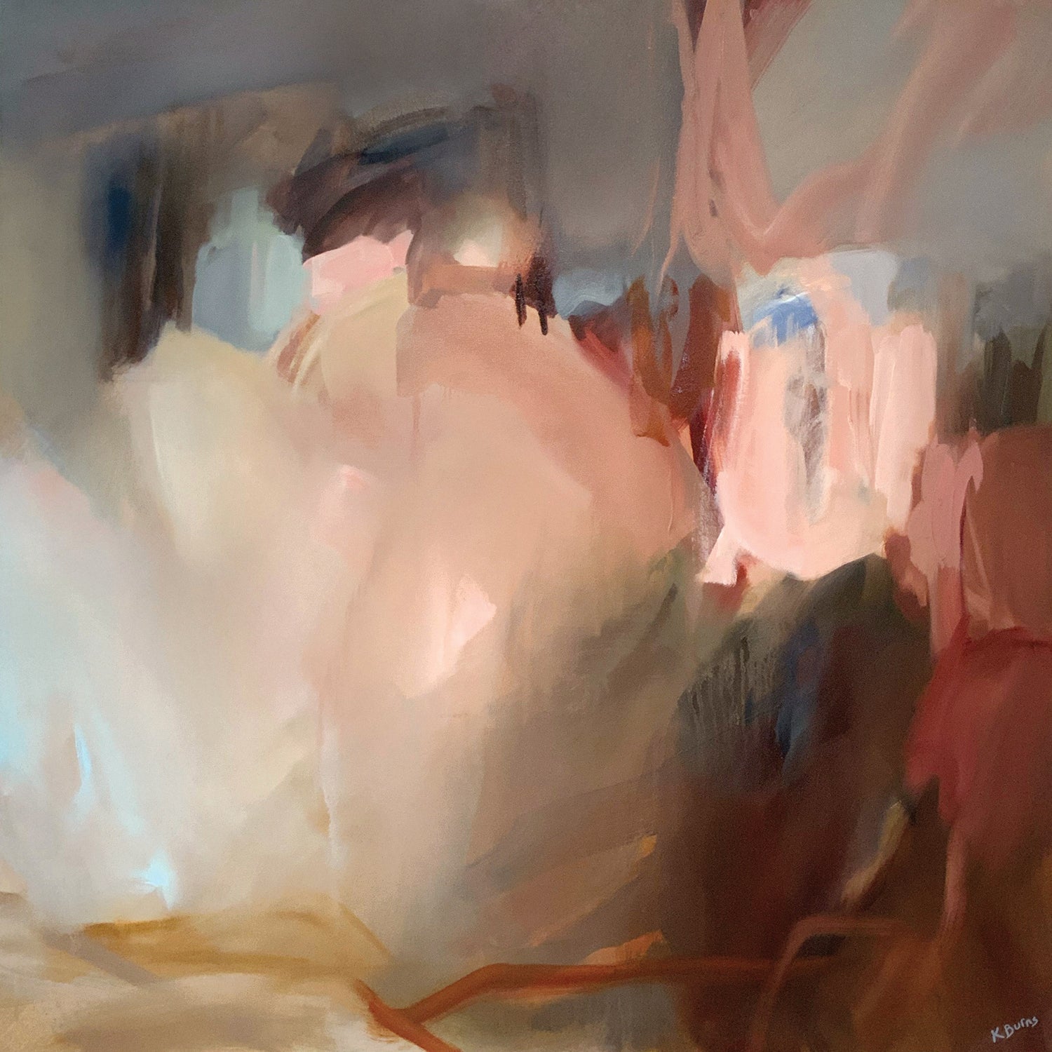 Take me away by Kate Burns. Abstract painting with soft, blended colours on a white wall