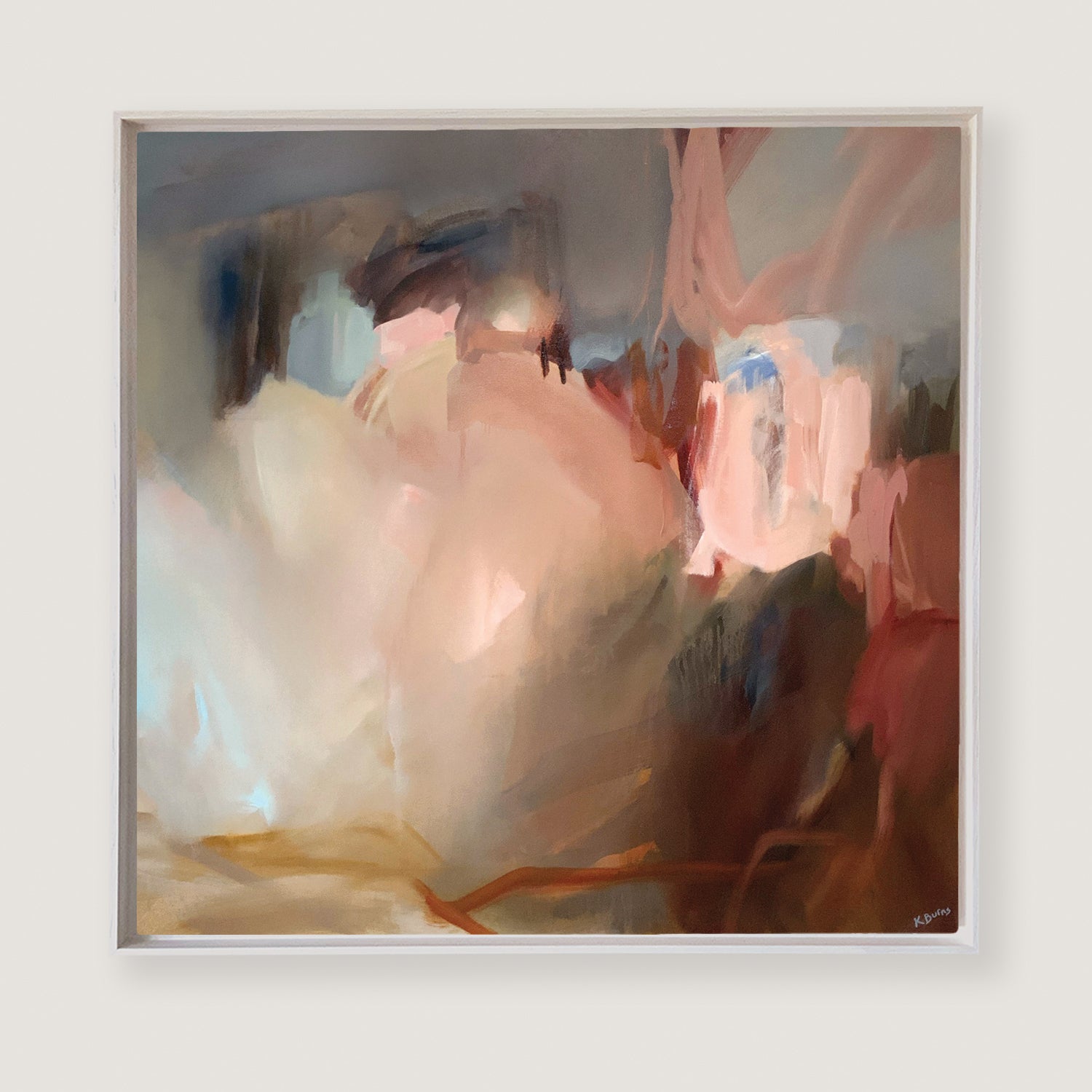 Take me away by Kate Burns. Abstract painting with soft, blended colours on a white wall