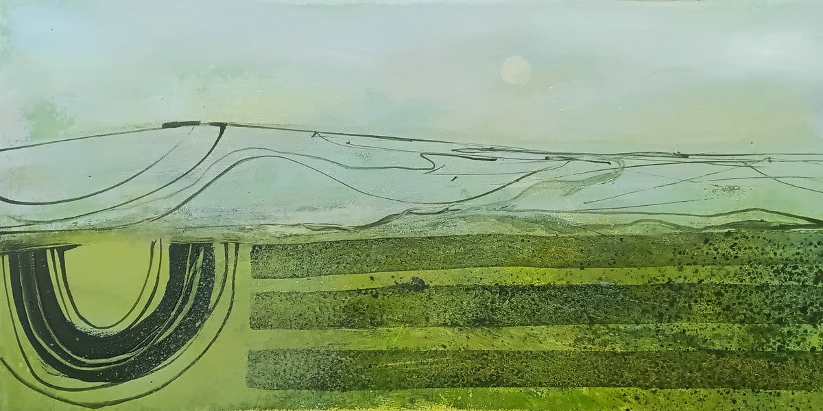An abstract landscape painting featuring a pale sky, a horizon line, and layered green and yellow fields with black curved lines.