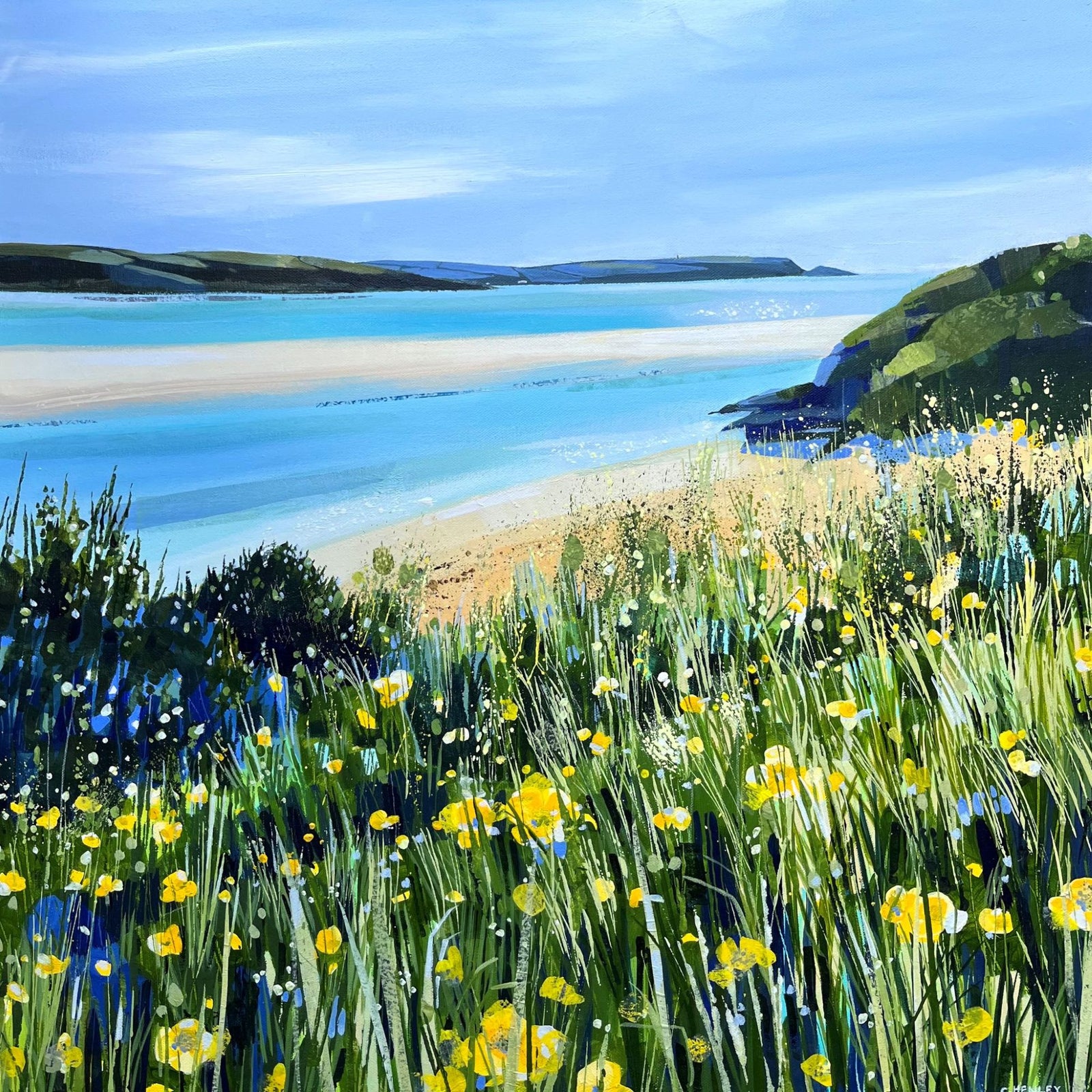 Through the buttercups, Camel Estuary by Claire Henley, available at Padstow Gallery, Cornwall