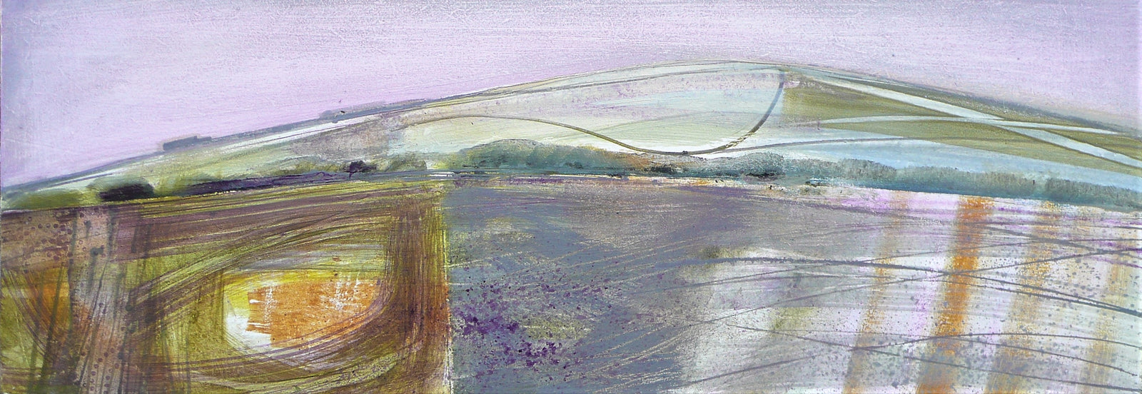 An abstract landscape painting featuring a curved hill or ridge under a pale lavender sky, with layered fields in muted green, gray, brown, and orange tones.