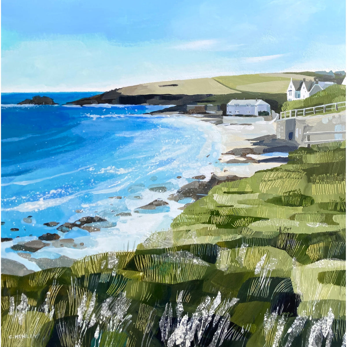 &#39;Trevone Bay&#39; a mixed media original by Claire Henley, available at Padstow Gallery, Cornwall