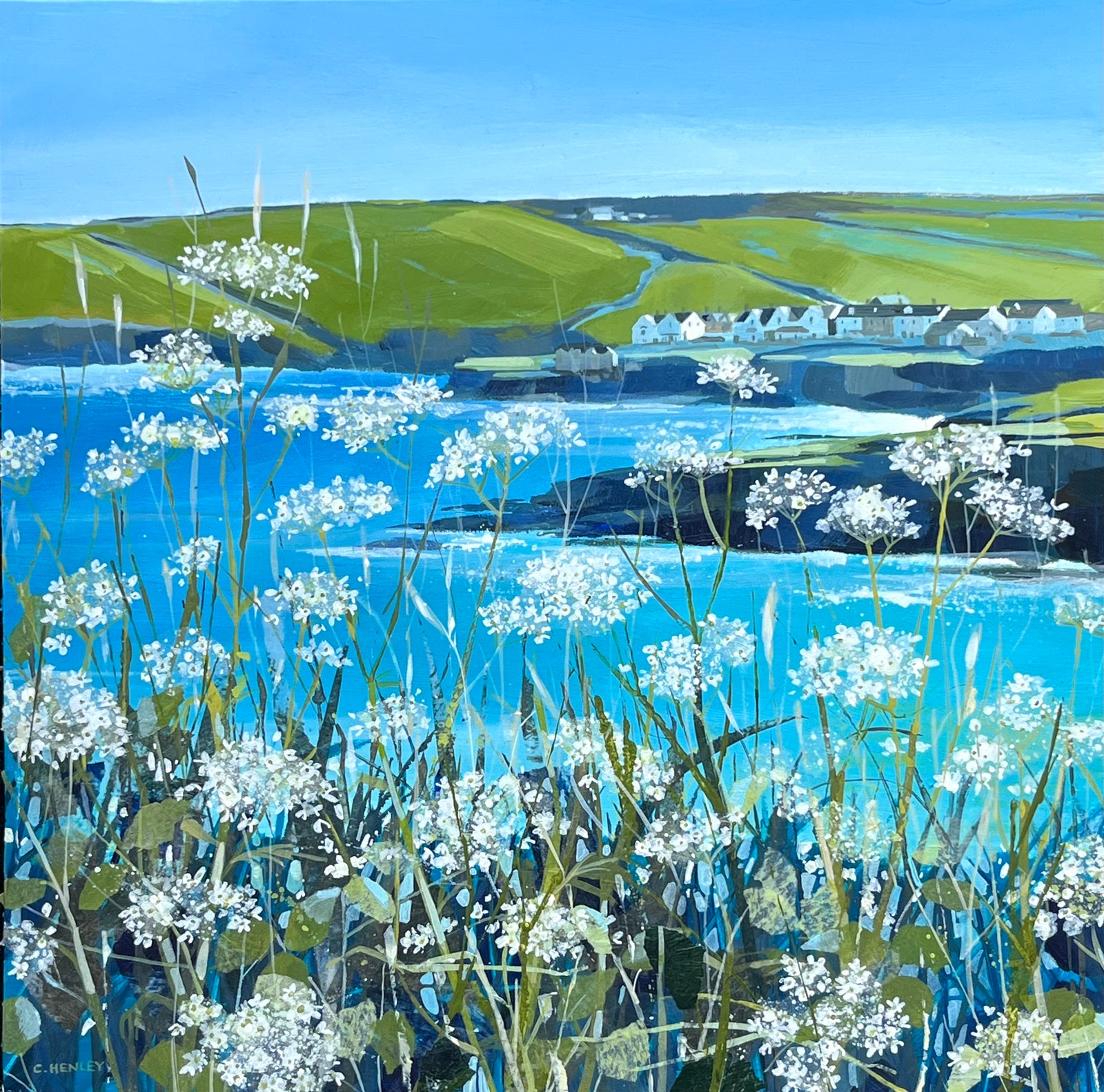 Trevone from the Coast Path mixed media original by Claire Henley, available at Padstow Gallery, Cornwall