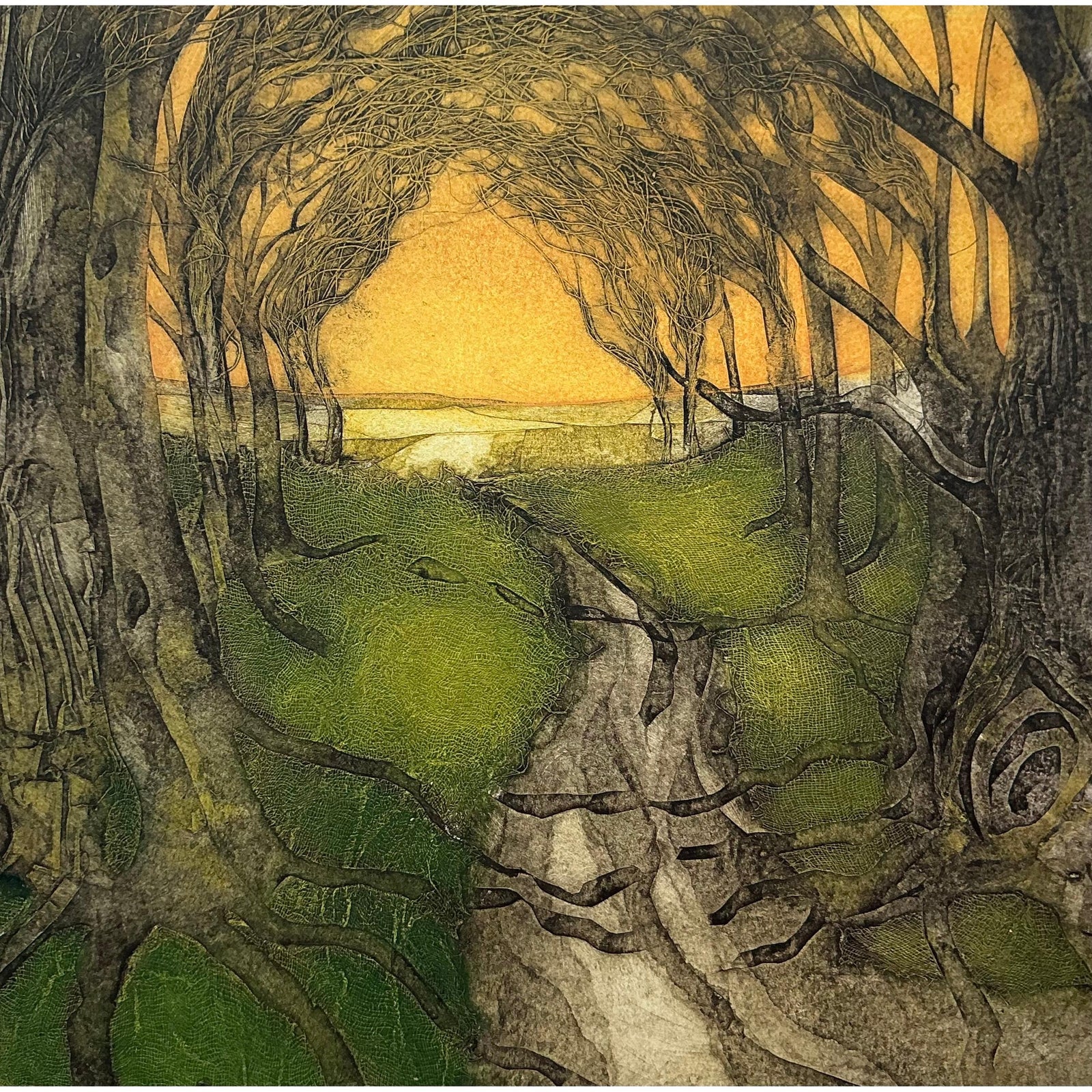 Tunnel Vision, collagraph by Sarah Ross-Thompson, available at Padstow Gallery, Cornwall