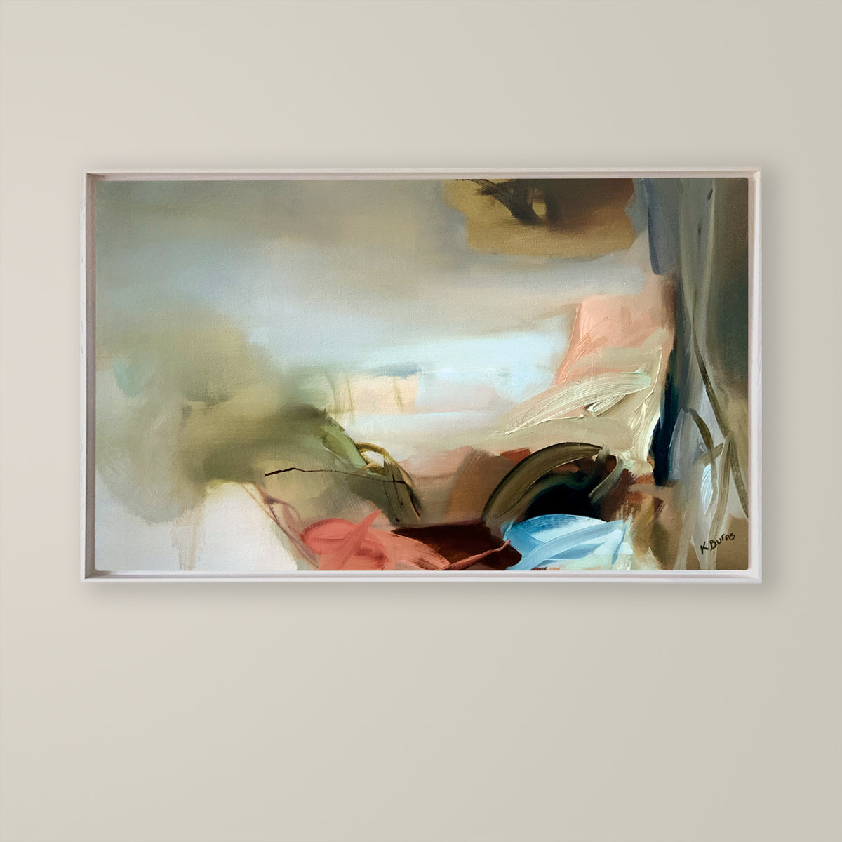 Until Tomorrow an oil original by Kate Burns, available at Padstow Gallery, Cornwall. Abstract painting in a white frame on a beige wall