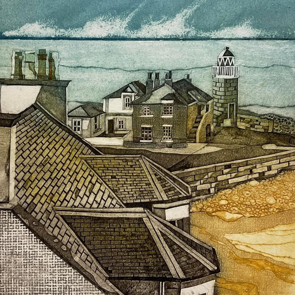 View From The Top, collagraph by Sarah Ross-Thompson, available at Padstow Gallery, Cornwall