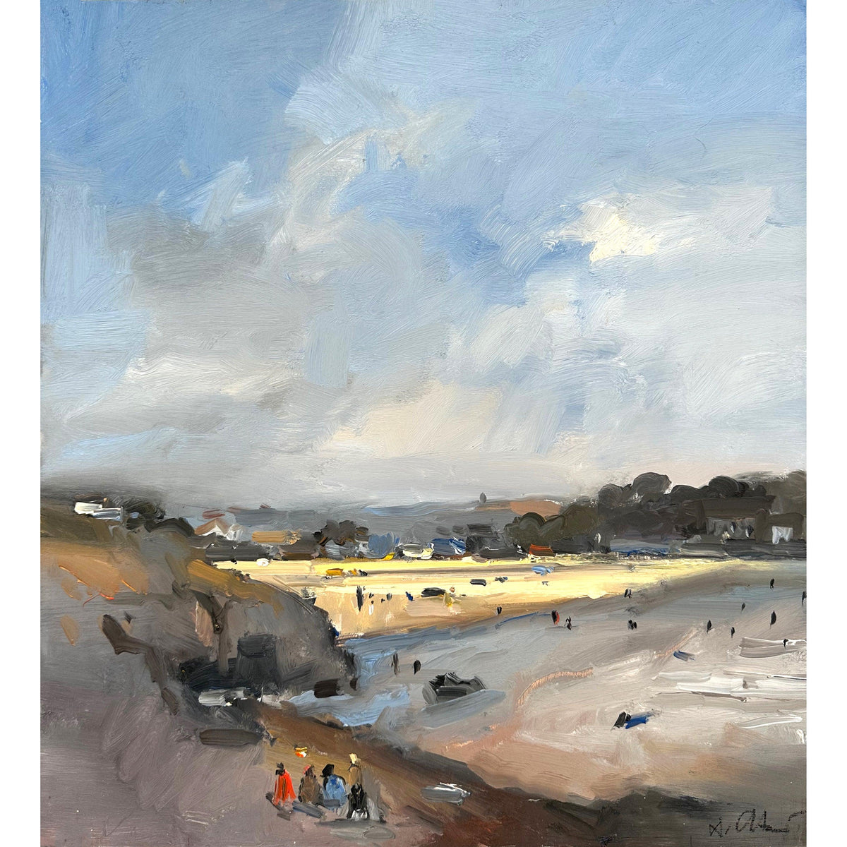 'View Across Polzeath Beach' oil on board original by David Atkins, available at Padstow Gallery, Cornwall